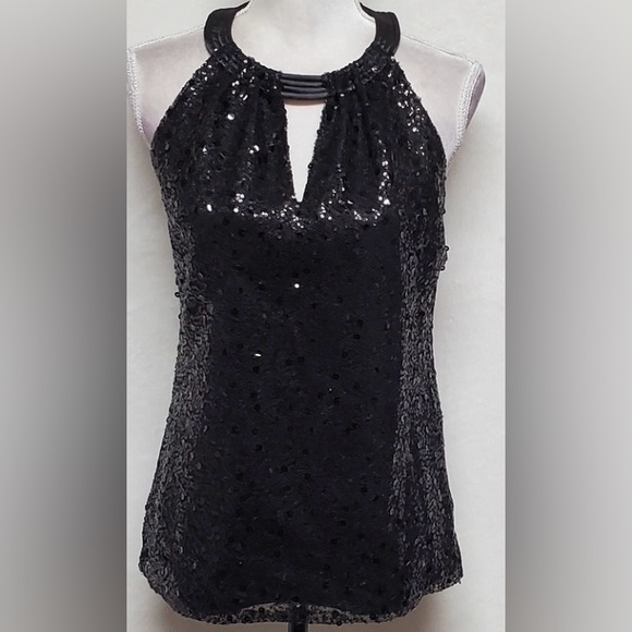 Tahari Women’s Sequin Sleeveless Blouse LG Black Keyhole Evening Wear Top - Picture 1 of 8